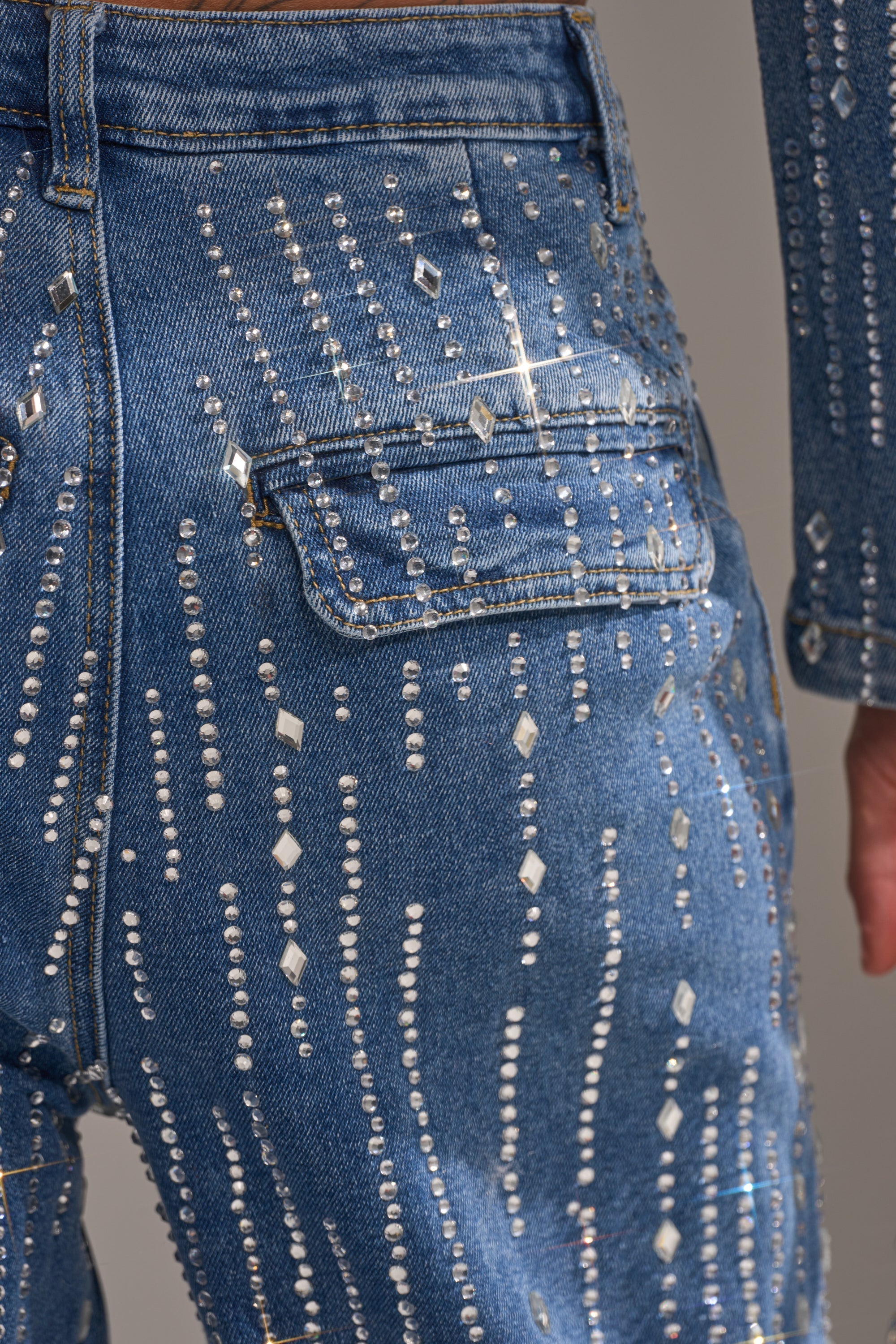 NEVER COME DOWN RHINESTONE DENIM