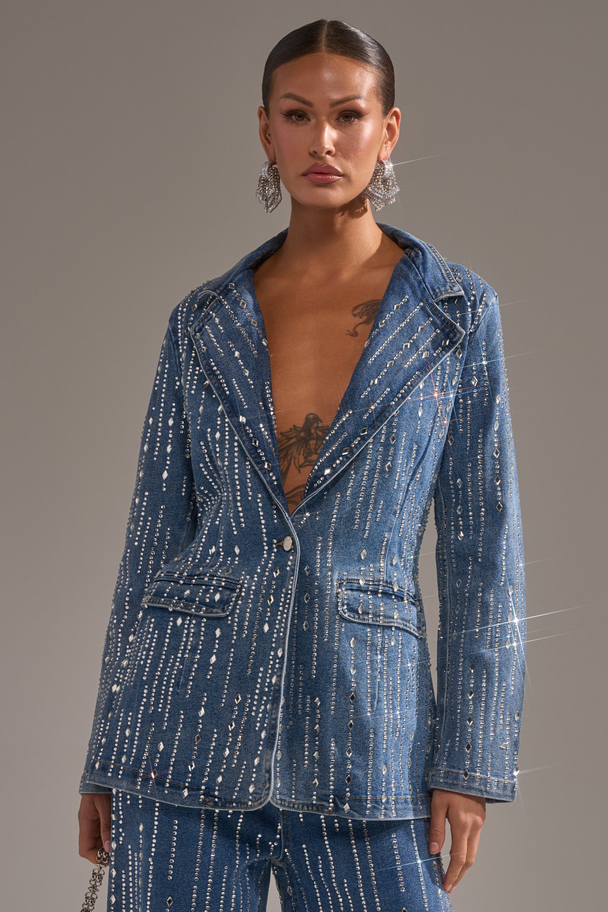 NEVER COME DOWN RHINESTONE DENIM BLAZER