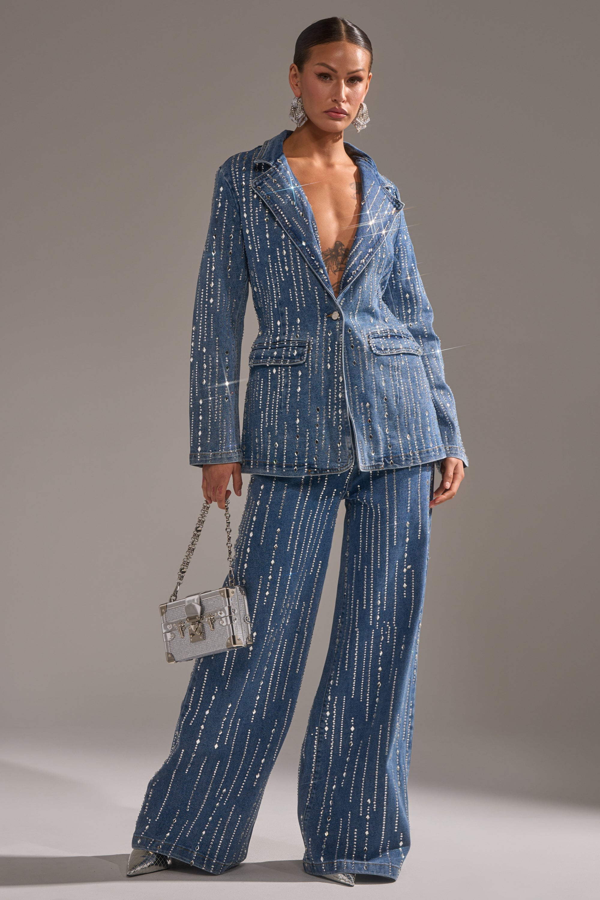 NEVER COME DOWN RHINESTONE DENIM BLAZER