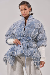 RIB SLEEVE PEPLUM PUFFER IN DENIM