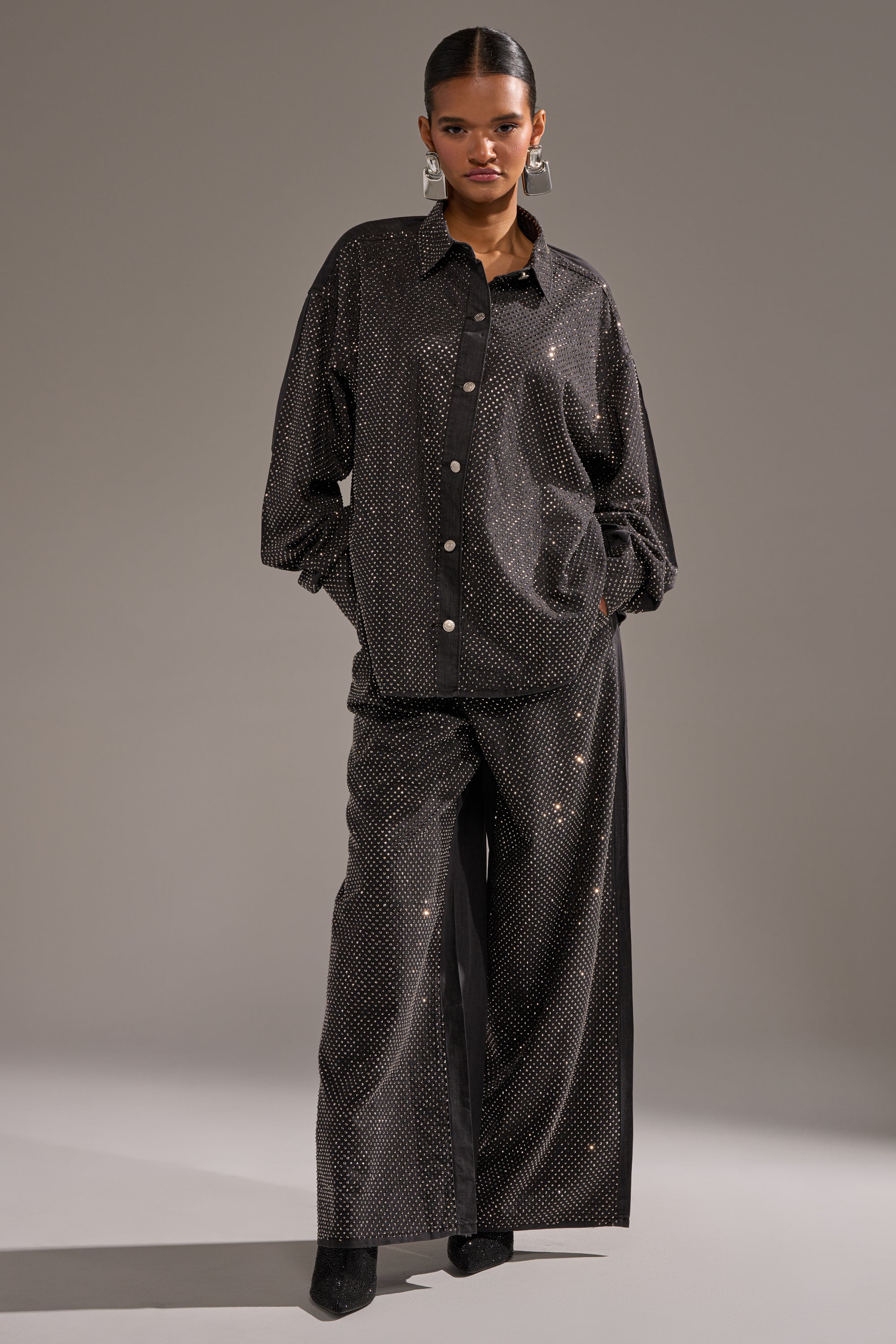 BLING BLING DENIM BUTTON DOWN TOP IN BLACK