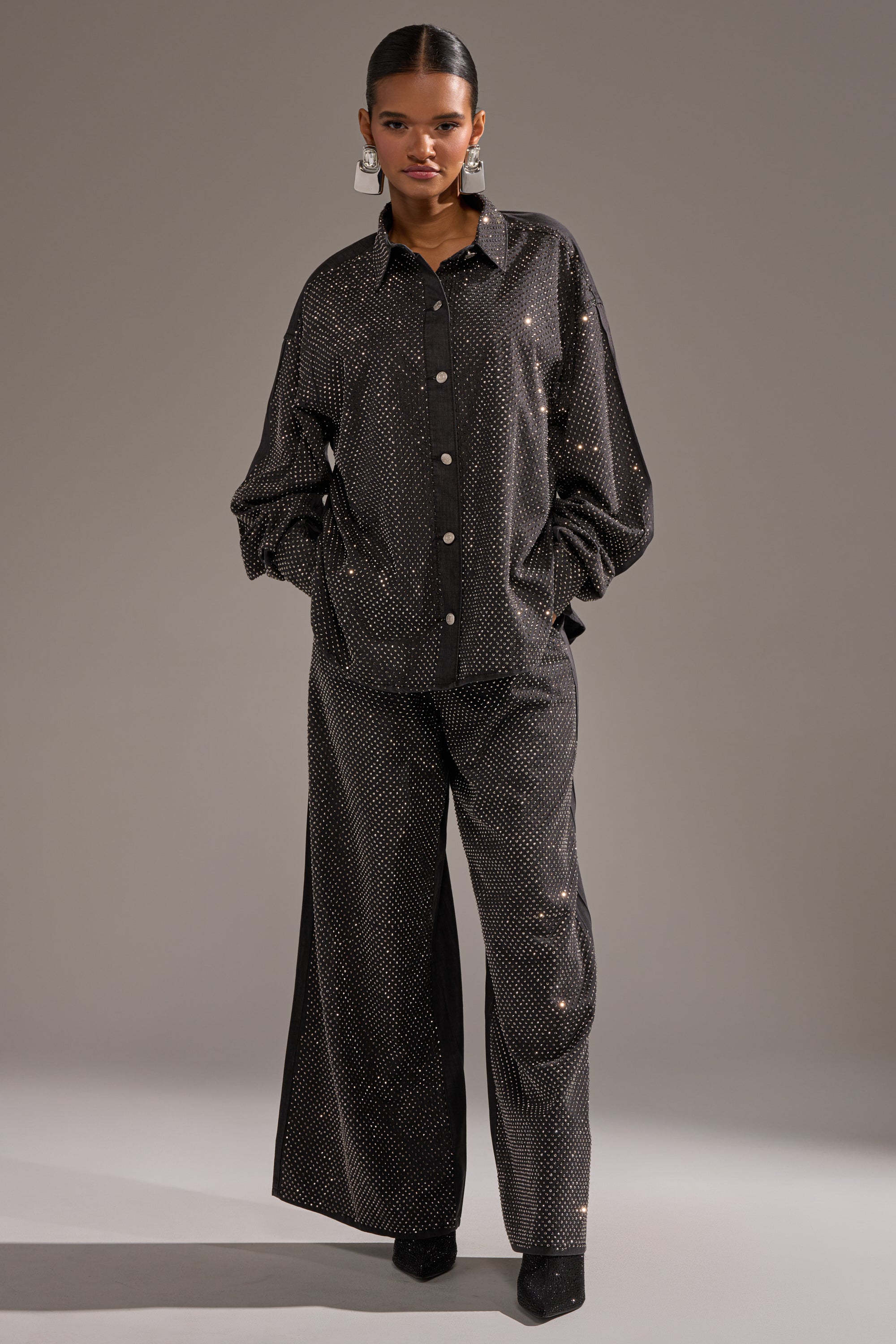 BLING BLING DENIM BUTTON DOWN TOP IN BLACK