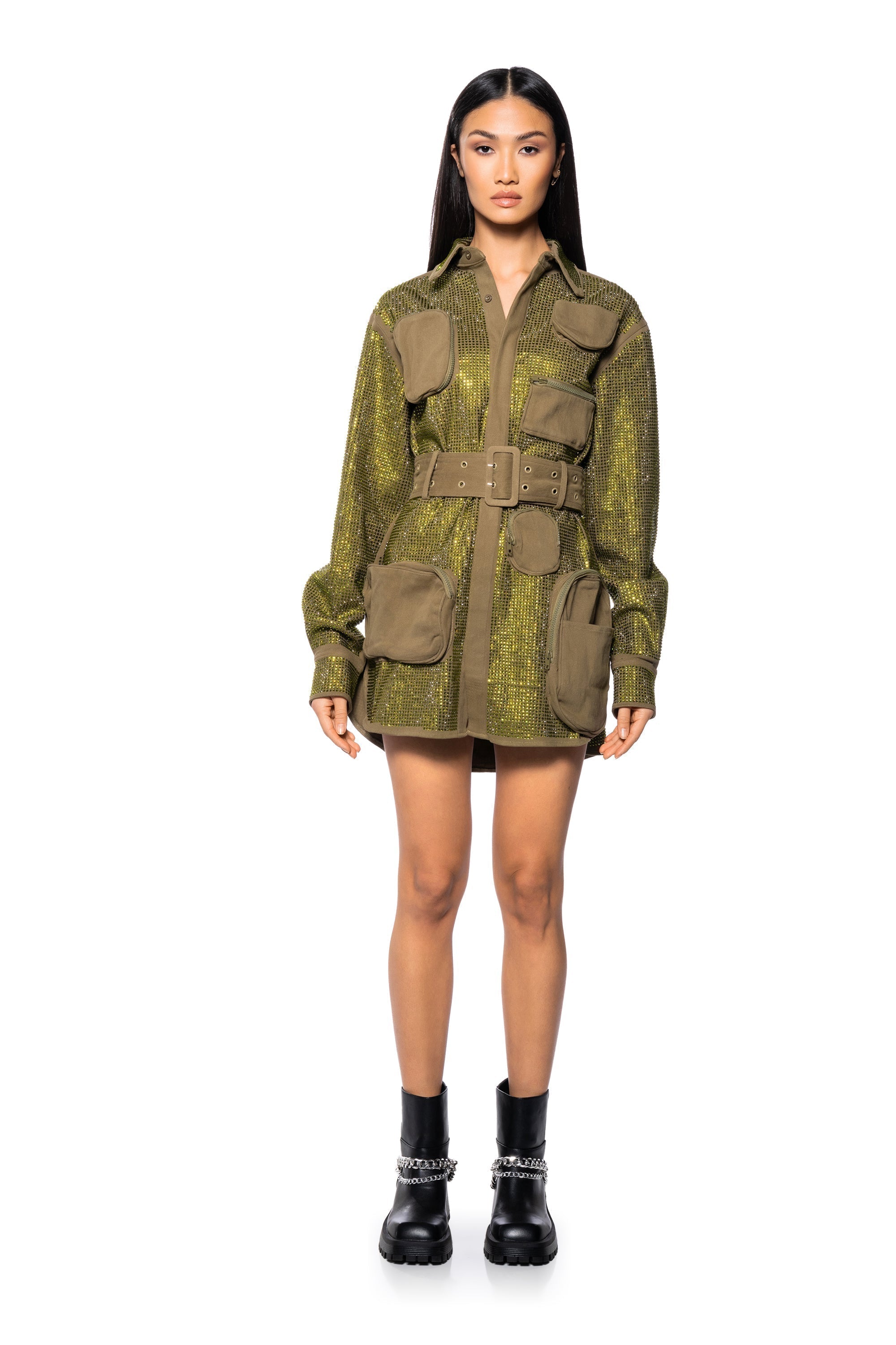 BLINGED OUT CARGO MINI DRESS