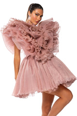 EVER AFTER RUFFLE SLEEVE PLEATED A LINE MINI DRESS