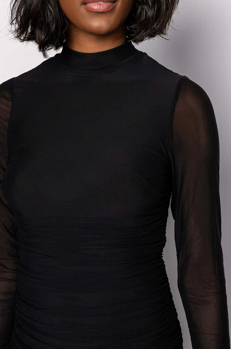 KEEP IT LOW KEY LONG SLEEVE MIDI RUCHED DRESS