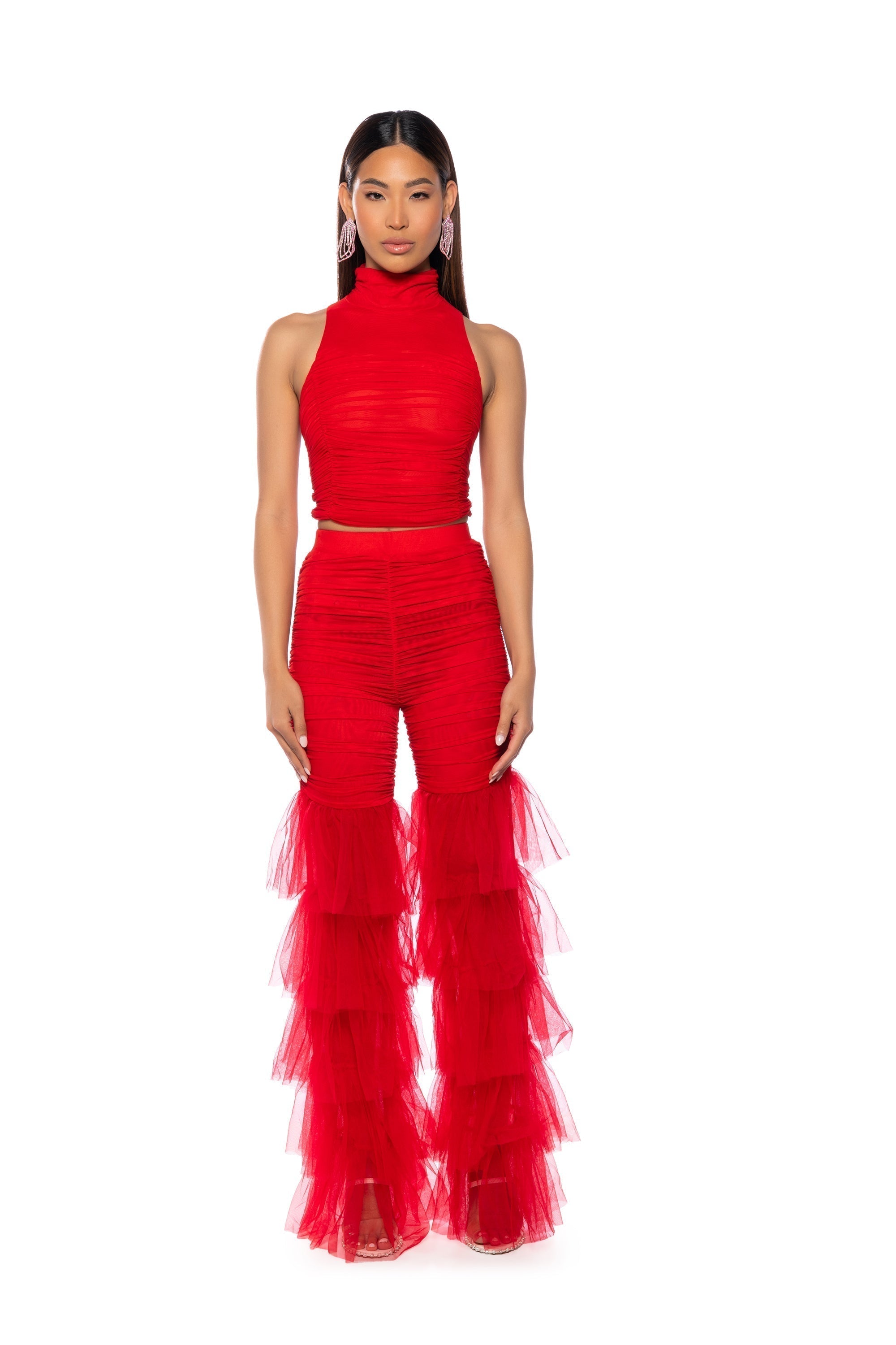MORA MOCK NECK MESH TOP IN RED